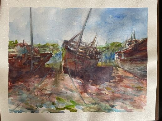 Carcasses de bateaux, aquarelle