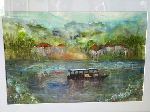 L'étang au ponton, aquarelle