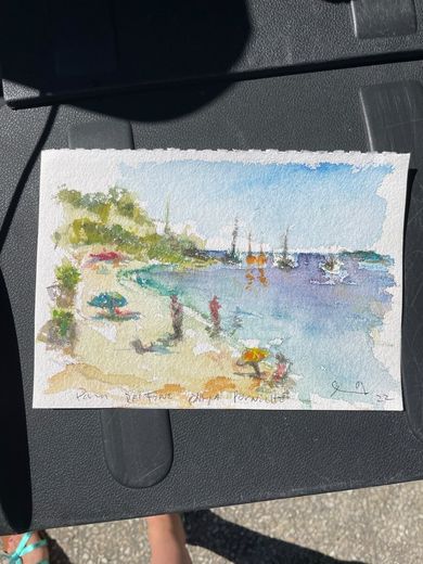 Plage aux parasols, aquarelle