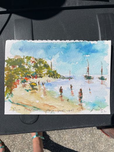 Plage et baigneurs, aquarelle