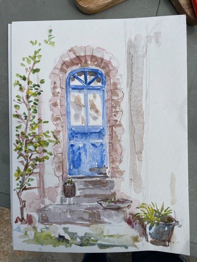 La porte bleue, aquarelle