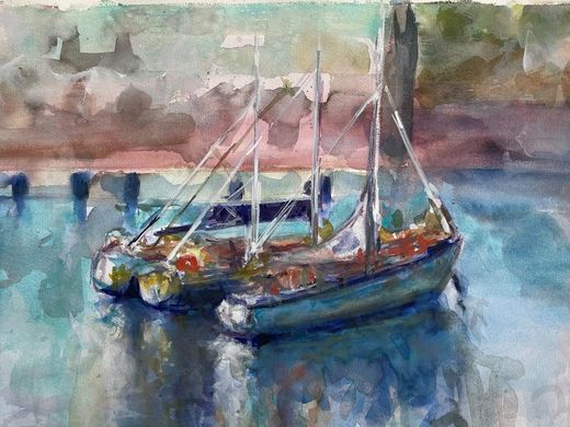 Voilier à quai, aquarelle