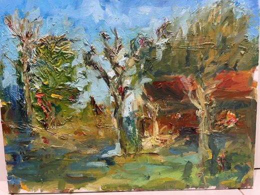 Arbres et maison rouge, huile sur toile