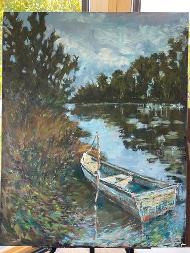 Barque sur la rivière, huile sur toile