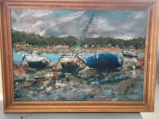 Barques à marée basse, huile sur toile